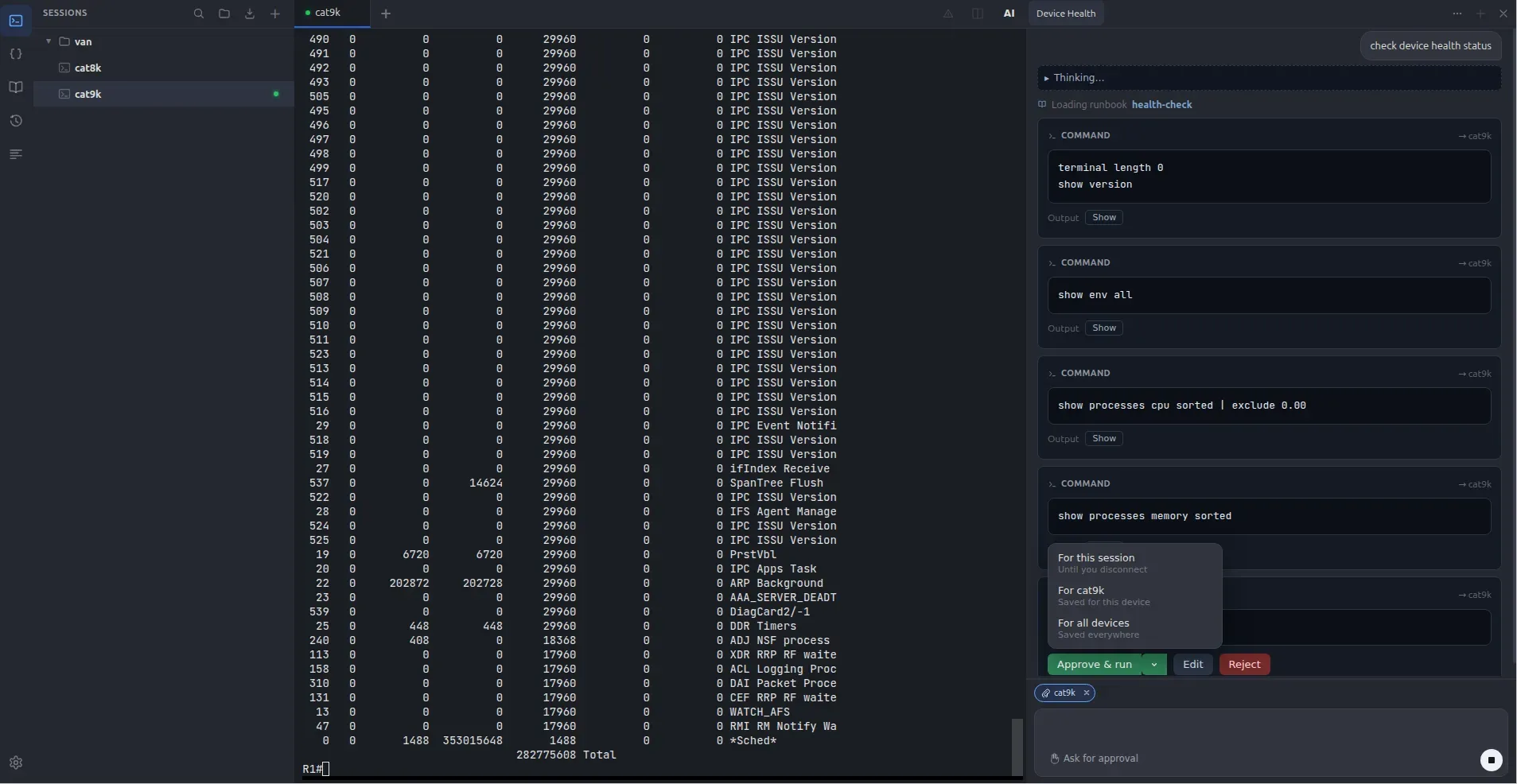 The WirePilot window: session tree on the left, a Catalyst 9000 terminal in the middle, and the copilot panel on the right.